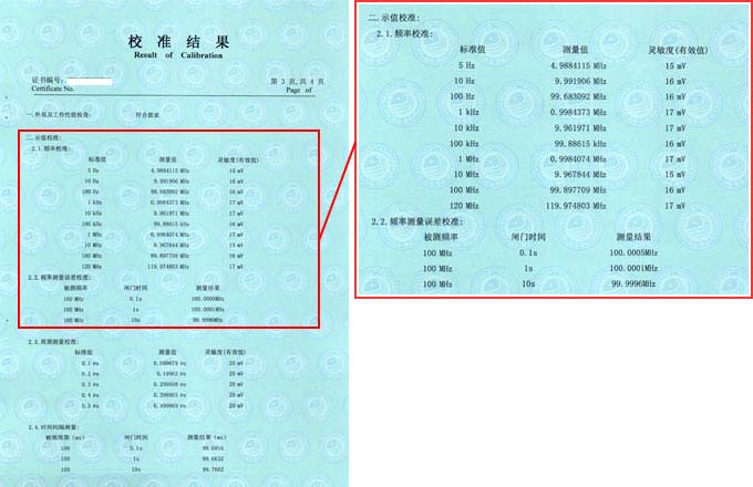 頻率計校準(zhǔn)證書結(jié)果頁圖片